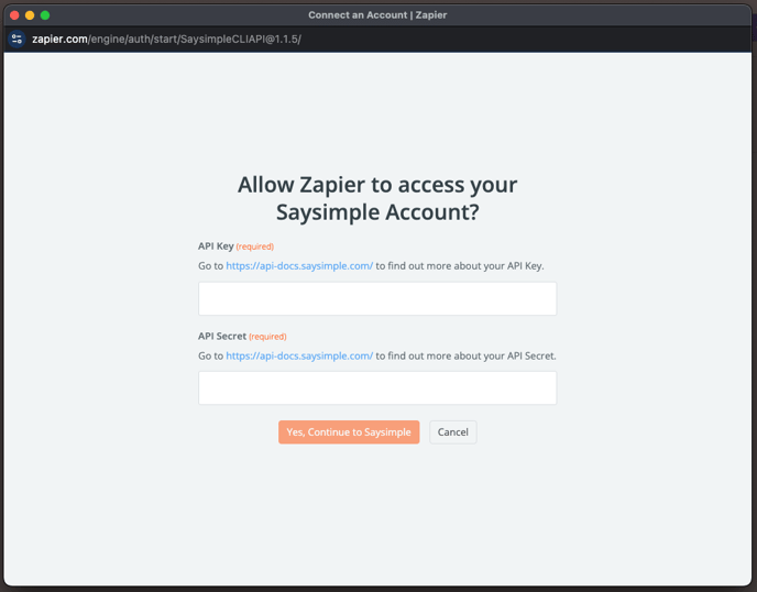 Zapier - Saysimple API credentials